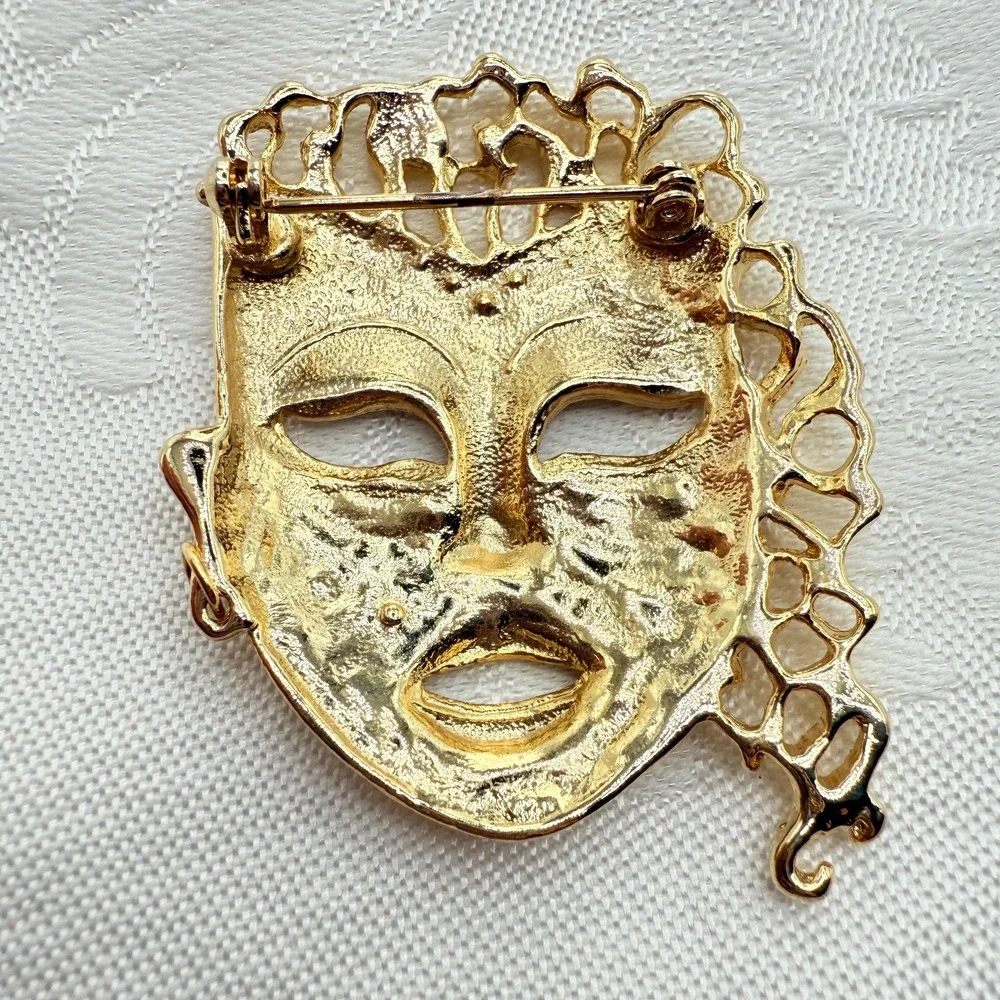 Vintage Gold Tone Theater Mask Woman Face Brooch w/ Rhinestones and Flowing Hair